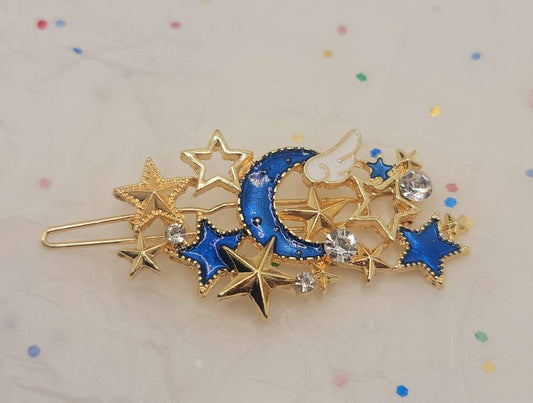 Fantasy Crescent Moon Stars Wings Rhinestones Gold Hair clip Galaxy Cardcapture Sakura Inspired Asian Style