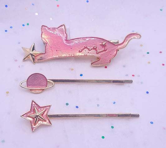 Starry Night Cat Enamel Hair Pins & Barrettes | Planet Stars Hairclips| Gold Hair Pins | Blue or Pink Cat