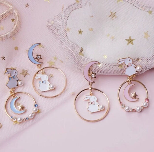 Bunny Earrings | Crescent Moon Earrings | Rabbit Earrings | Moon and Stars | Gold Hoop Earrings | Mismatch Earrings | Asymmetrical